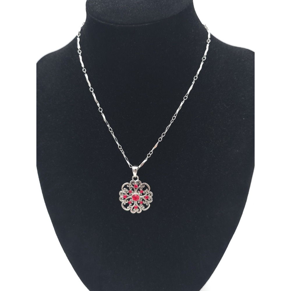 Cookie Lee Genuine Crystal Pendant Necklace Silver Tone Red Rhinestones Y2k